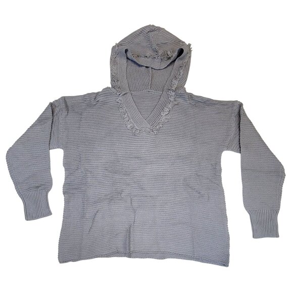 Hooded Sweater Sassy Grey Knit Distressed V-Neck Fringe Detail Womens Medium NEW - Picture 3 of 10